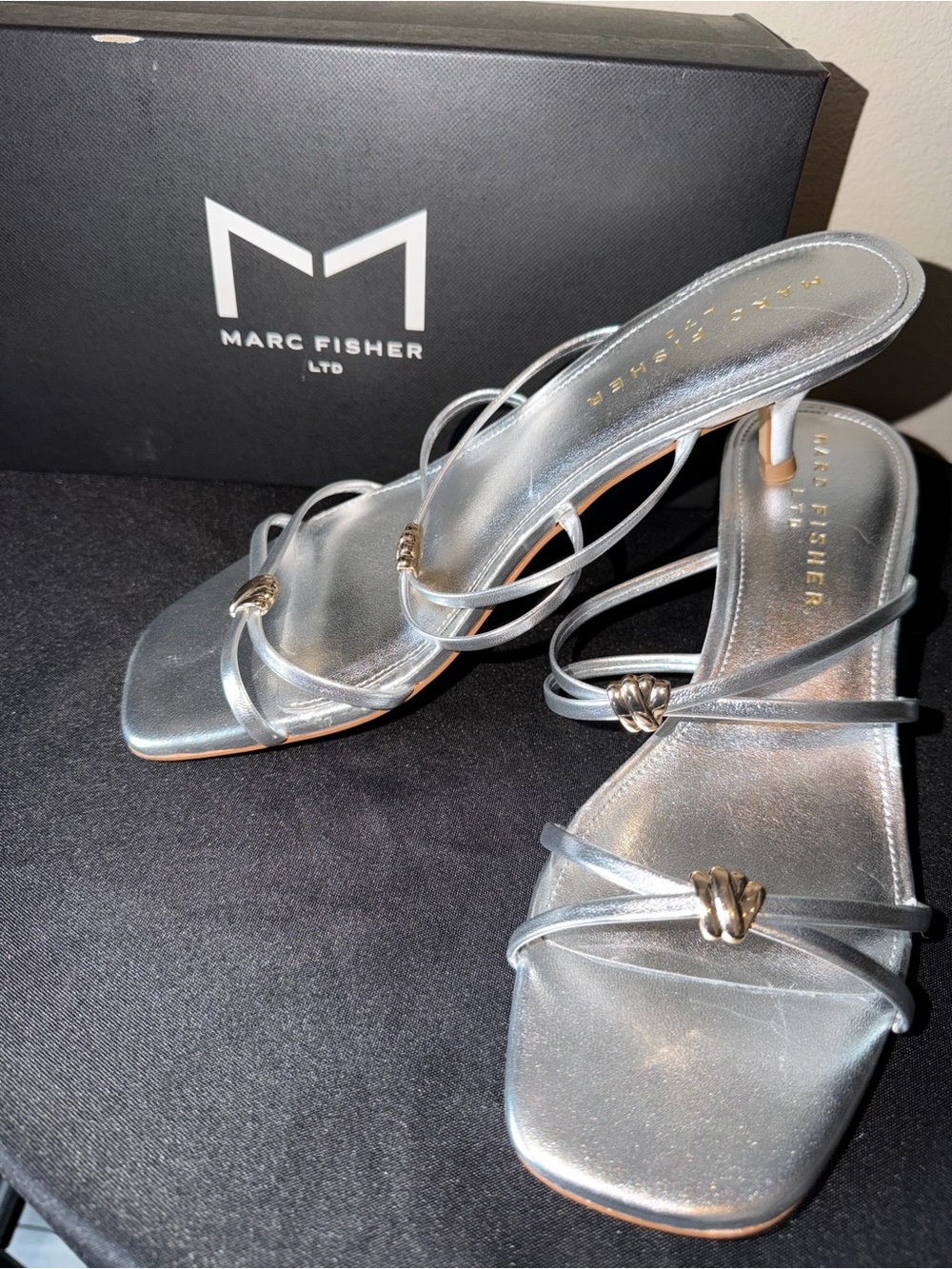 Marc Fisher Silver Strappy Knot Mules - Picture 7 of 9